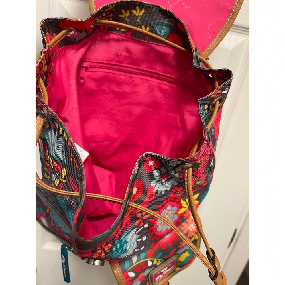Lily Bloom Floral Cat Print Backpack Multi Color Recycled Fabric Drawstring Bag